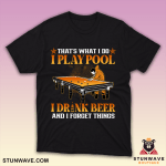 Funny pool player shirt with beer and billiards design, casual bar game tee.